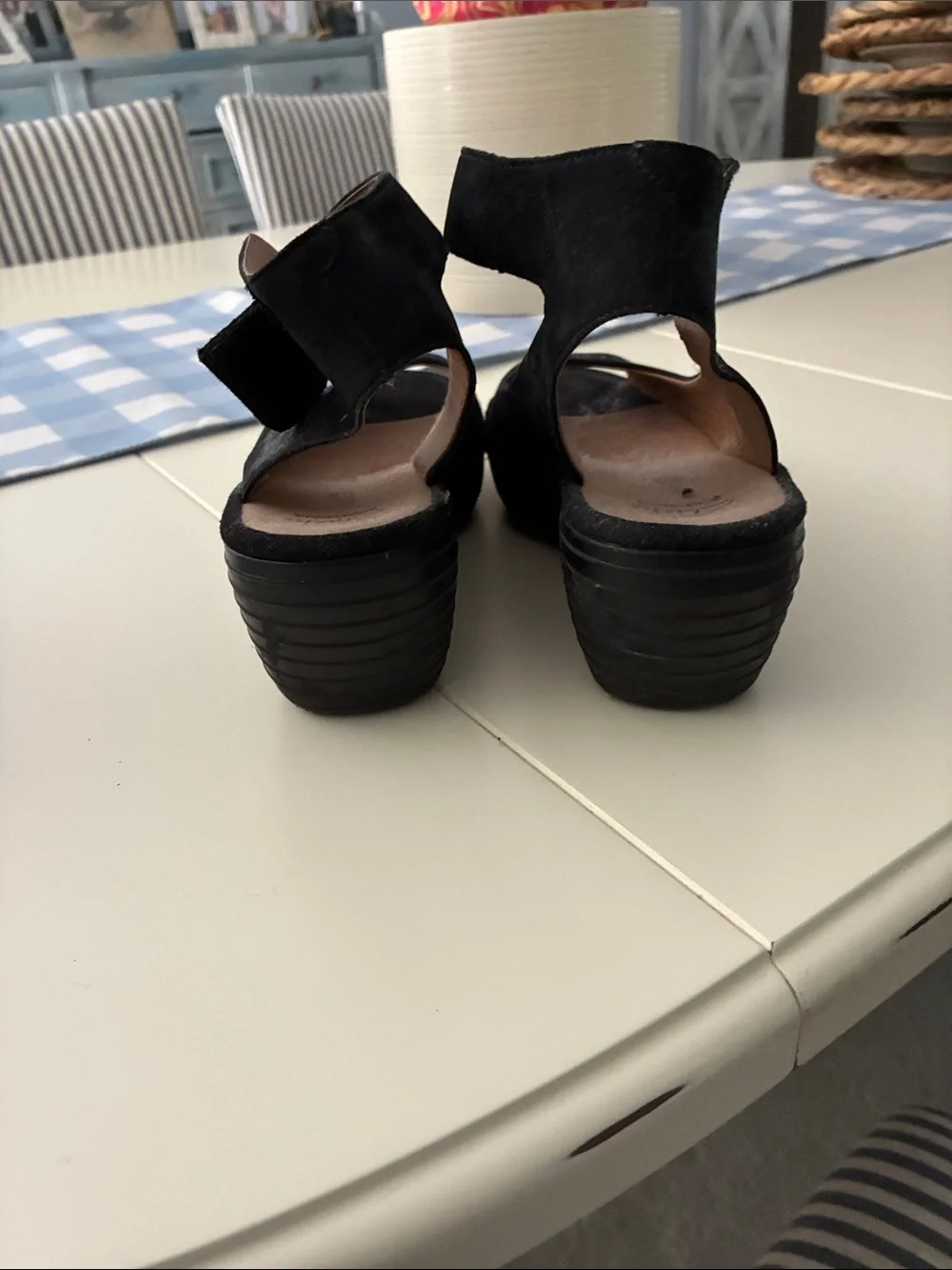 Clarks Black Perforated Suede Peep-Toe Wedge Sandals with Ankle Strap